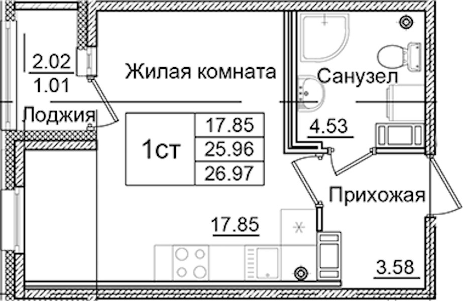 Квартира студия 26.97 м², 4/9 эт., ЖК «Квартал Заречье»